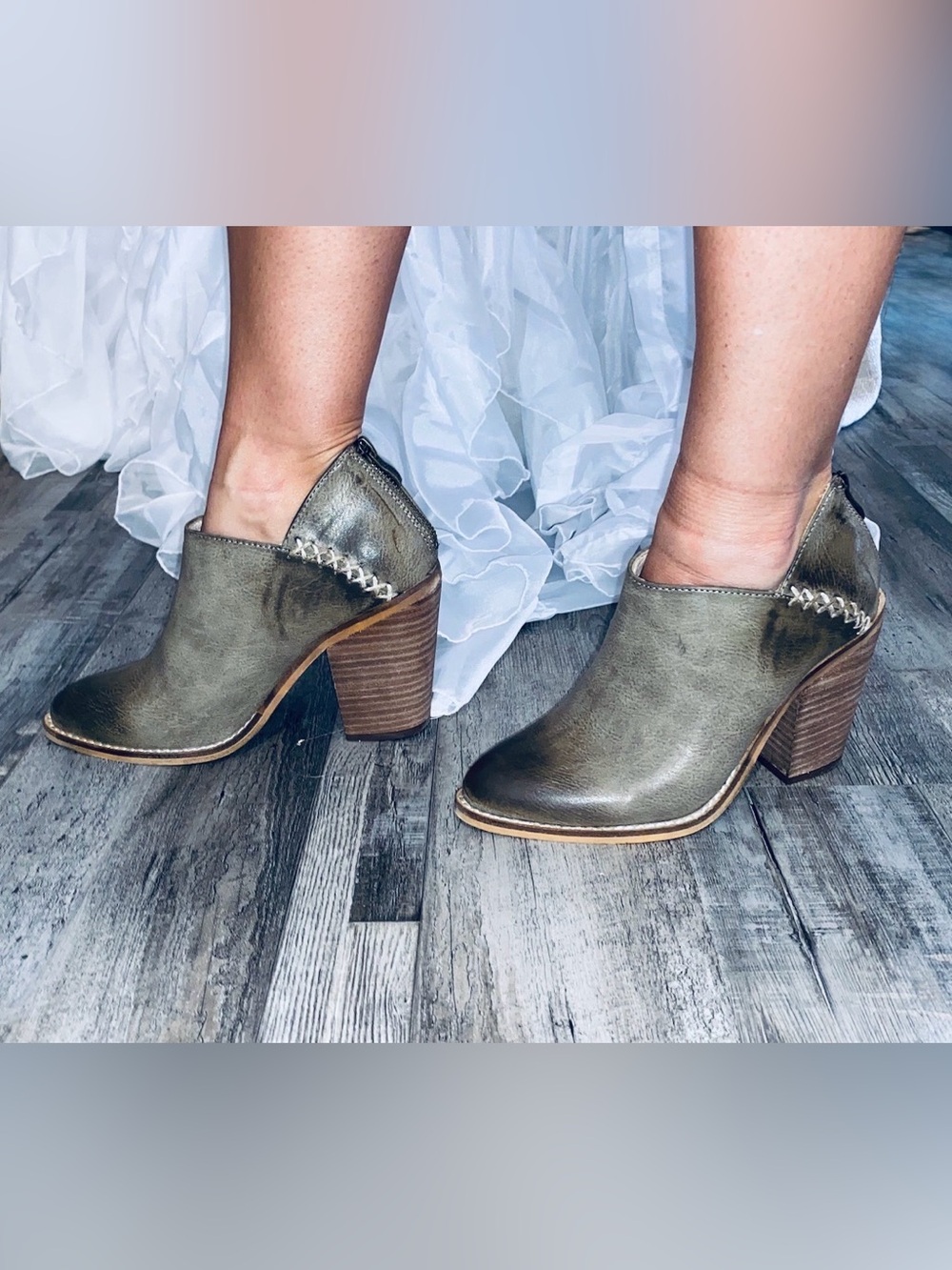Olive Green Leather Block Heel Ankle Booties